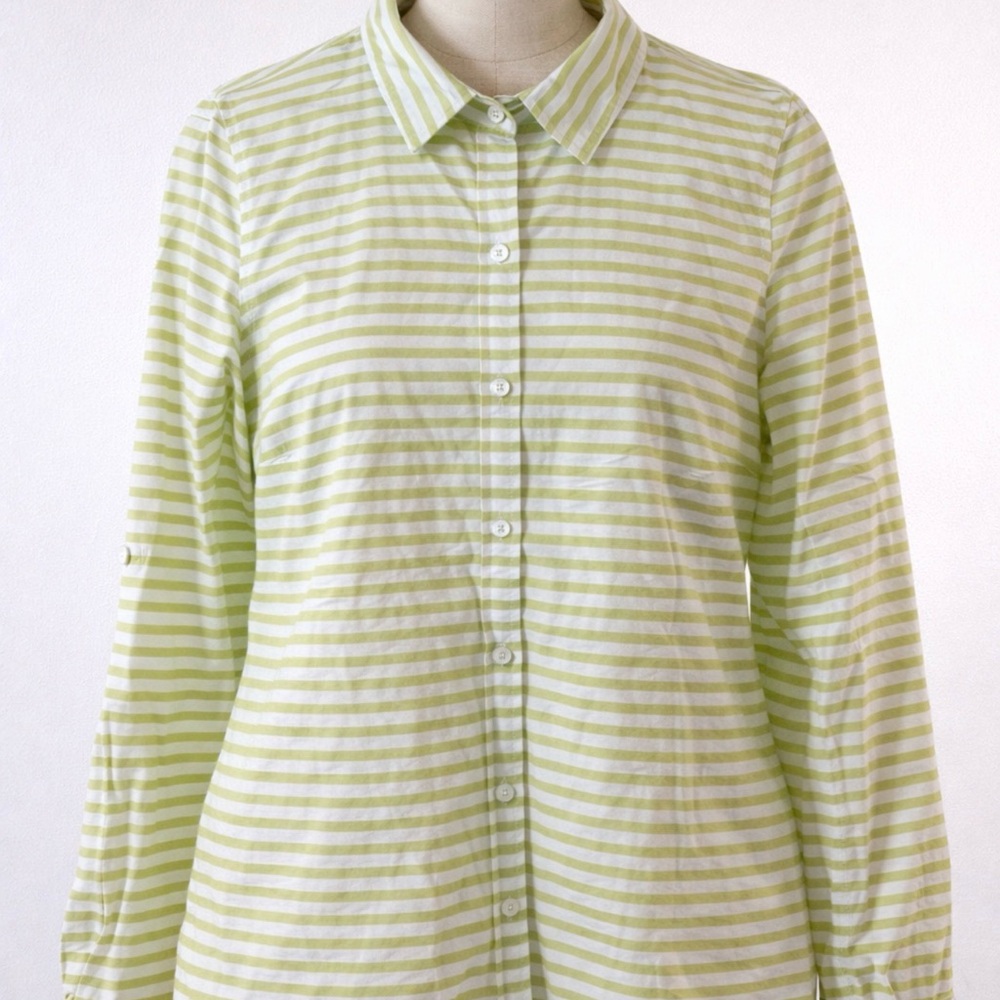 Charter Club Shirt Striped Button-Front Long Sleeve Shirt - Light Green/White